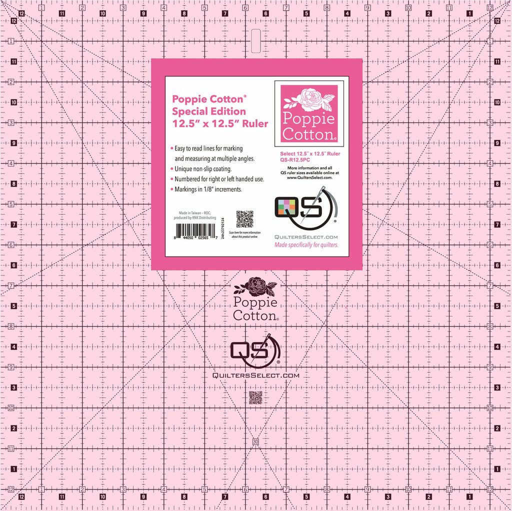 Quilters Select Poppie Cotton pink 12.5 inch square non-slip ruler