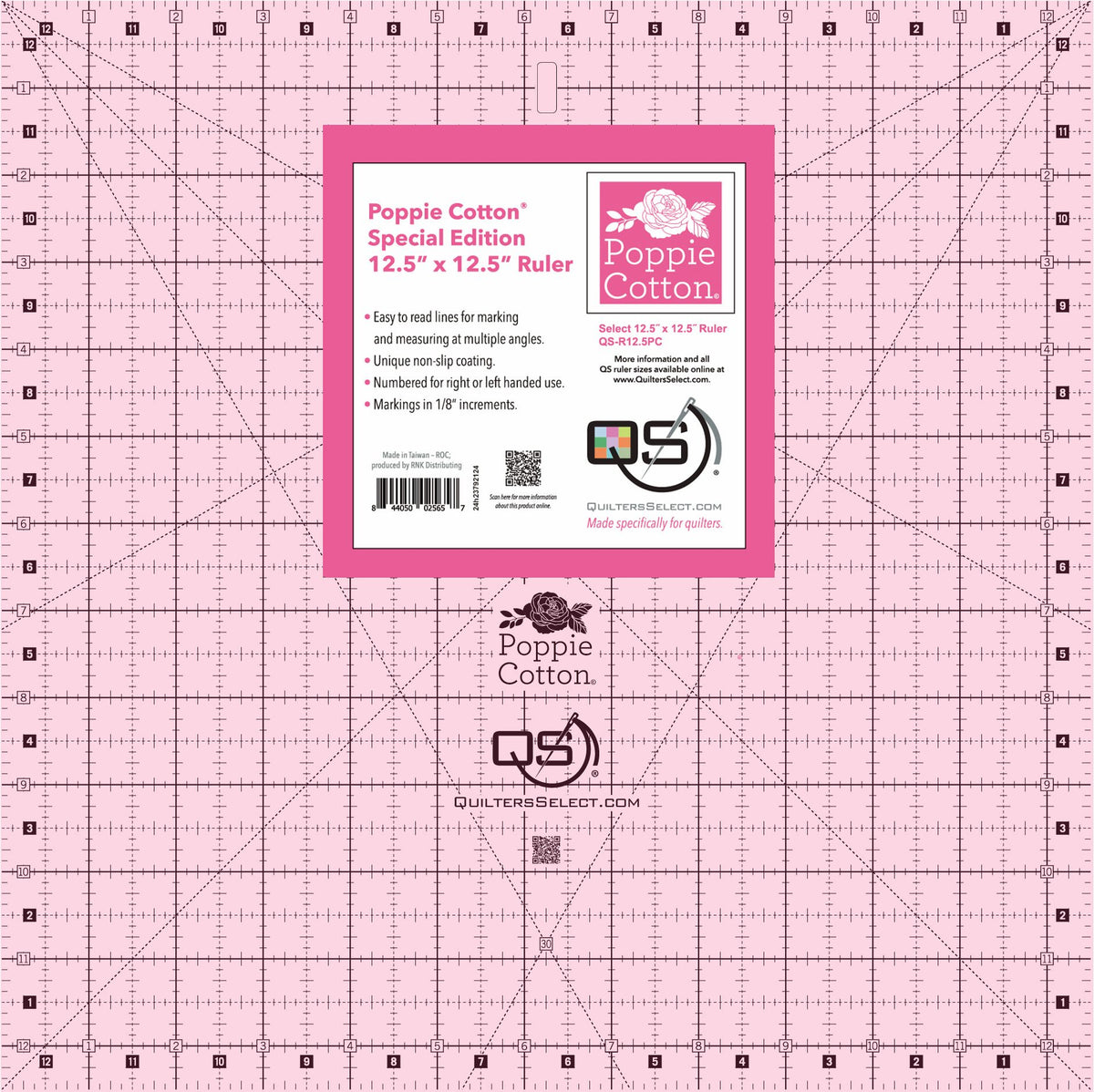 Quilters Select Poppie Cotton pink 12.5 inch square non-slip ruler
