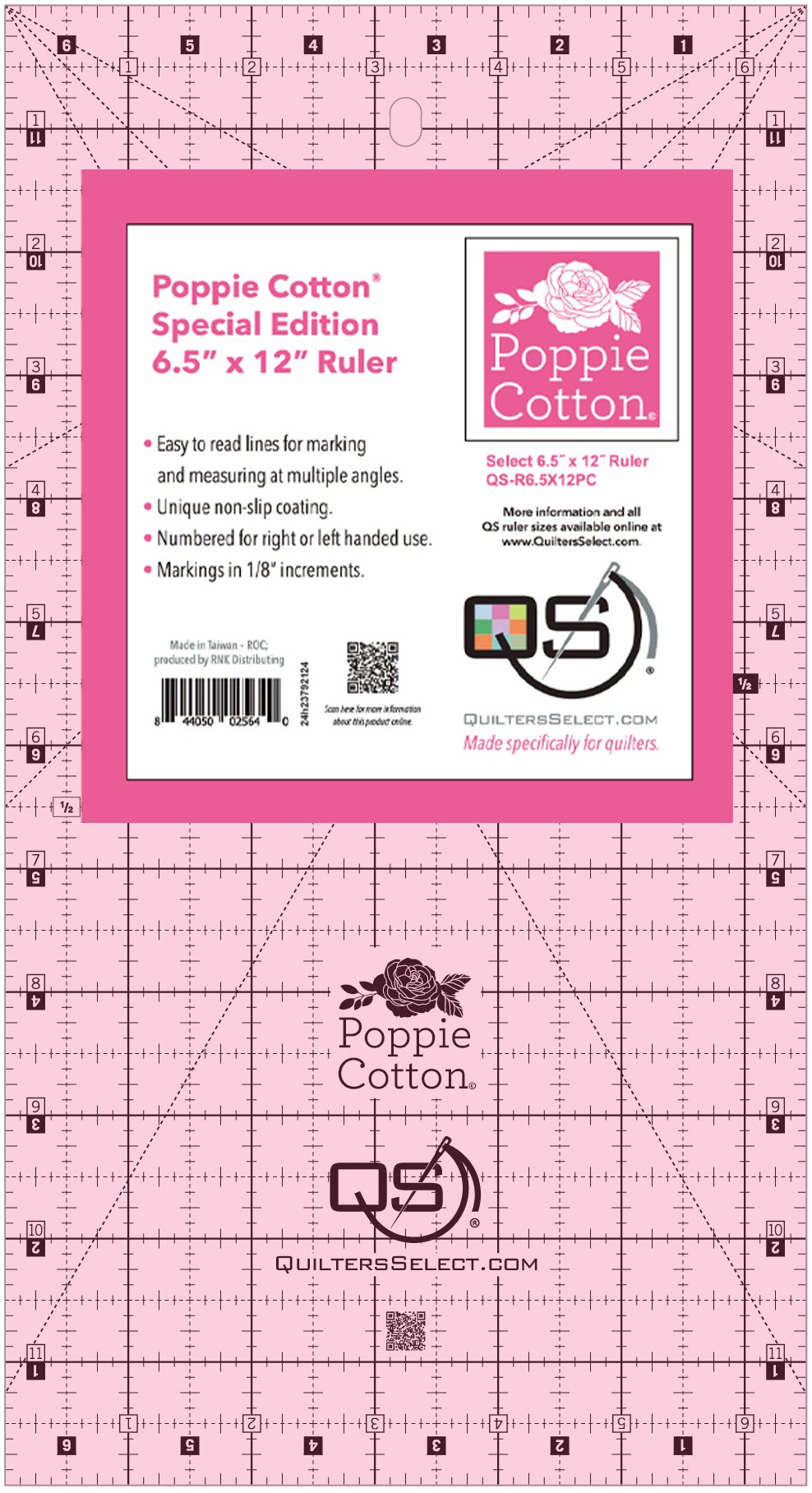 Quilters Select Poppie Cotton pink 6.5 by 12 inch non-slip ruler