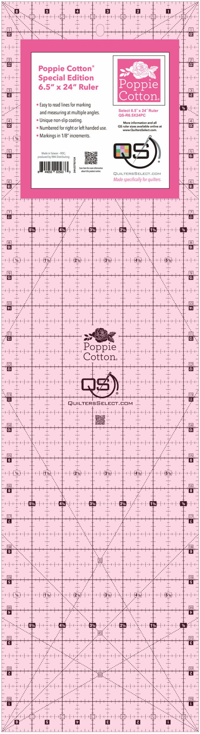 Quilters Select Poppie Cotton pink 6.5 by 24 inch non-slip ruler