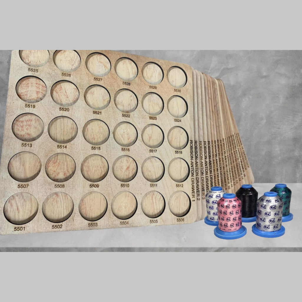 Robison-Anton Numbered Thread Storage Trays, 540 Spools — angled view of numbered trays and sample spools