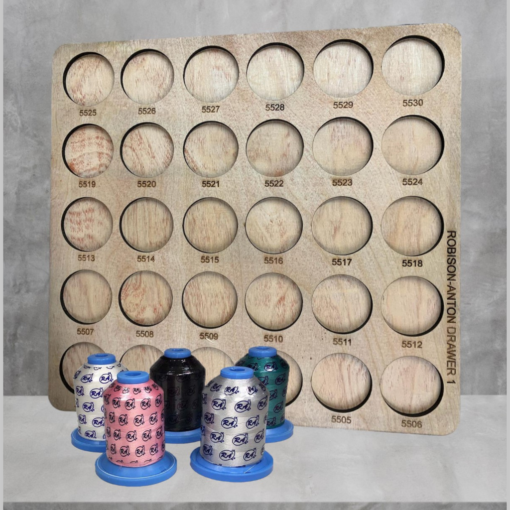 Robison-Anton Numbered Thread Storage Trays, 540 Spools — numbered wooden trays with sample Robison-Anton spools