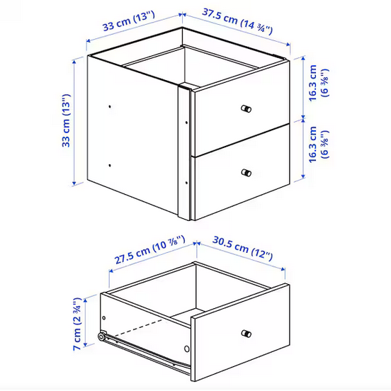 Dimension diagram of KALLAX insert and drawer interiors, furniture sold separately, for IKEA KALLAX Thread Storage Tray Insert