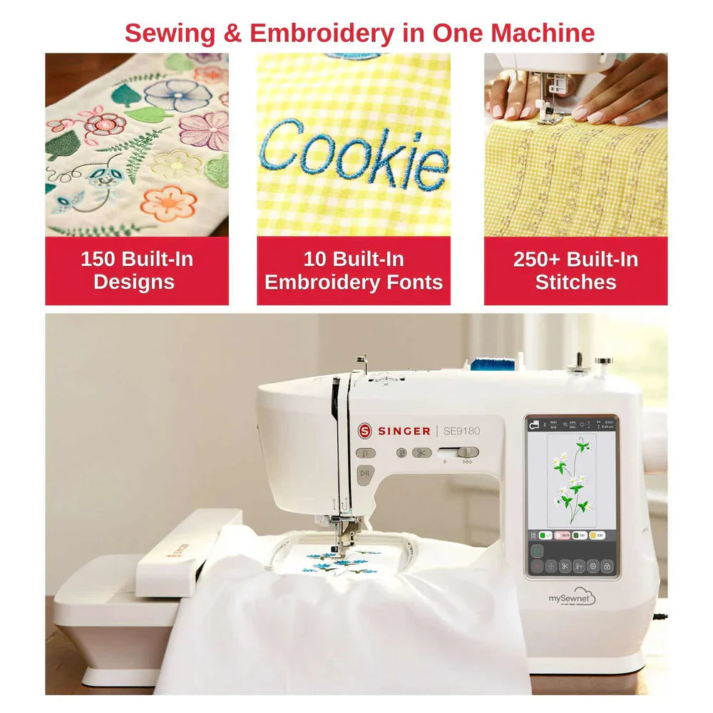 SINGER SE9180 sewing and embroidery machine showing built-in embroidery designs, embroidery fonts, and 250+ stitch options