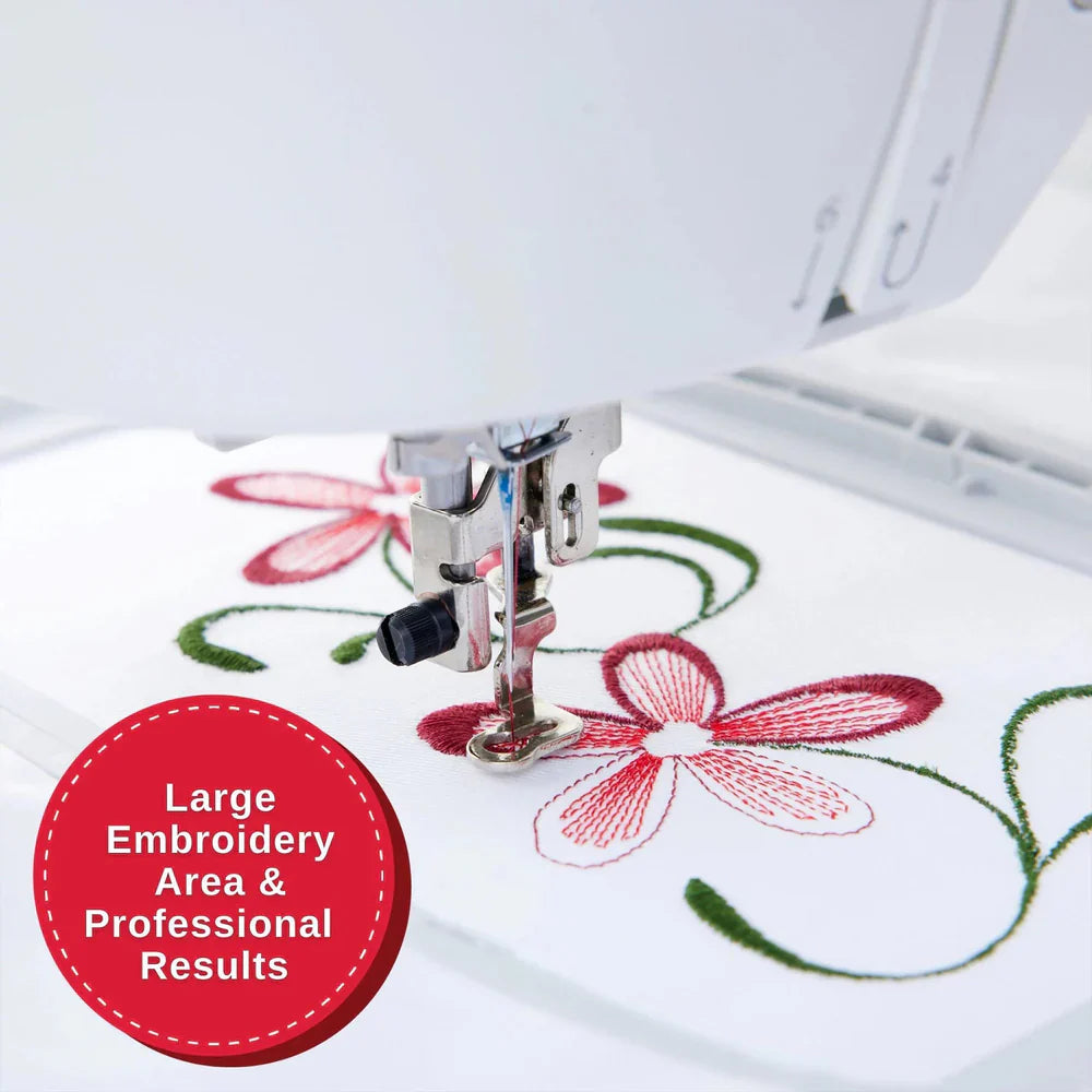 Close-up of SINGER SE9180 embroidery machine stitching floral embroidery design with professional stitch quality