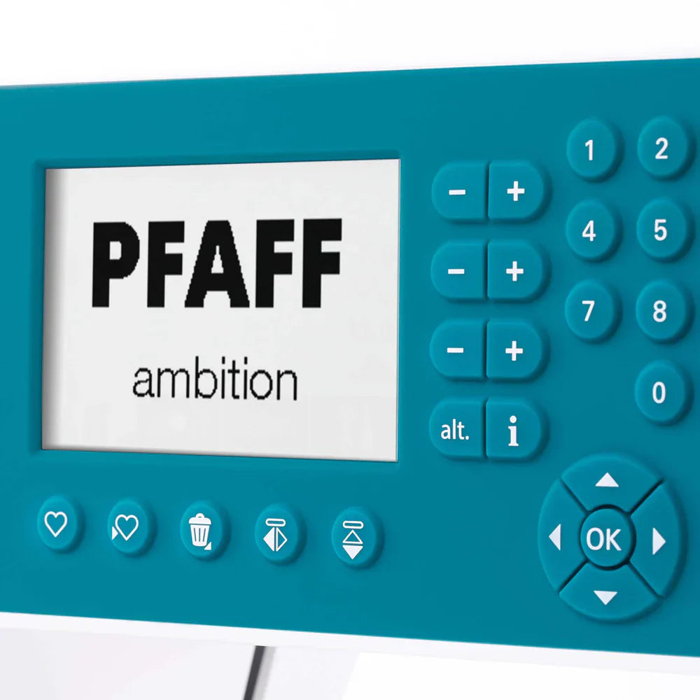 Teal control panel with 'PFAFF ambition' branding on a white background