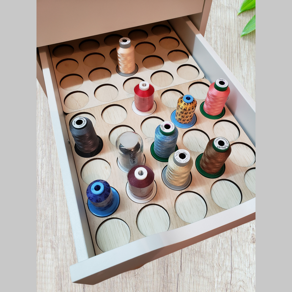 IKEA ALEX 5-Drawer Thread Storage Tray Inserts — trays with sample spools inside an open ALEX drawer
