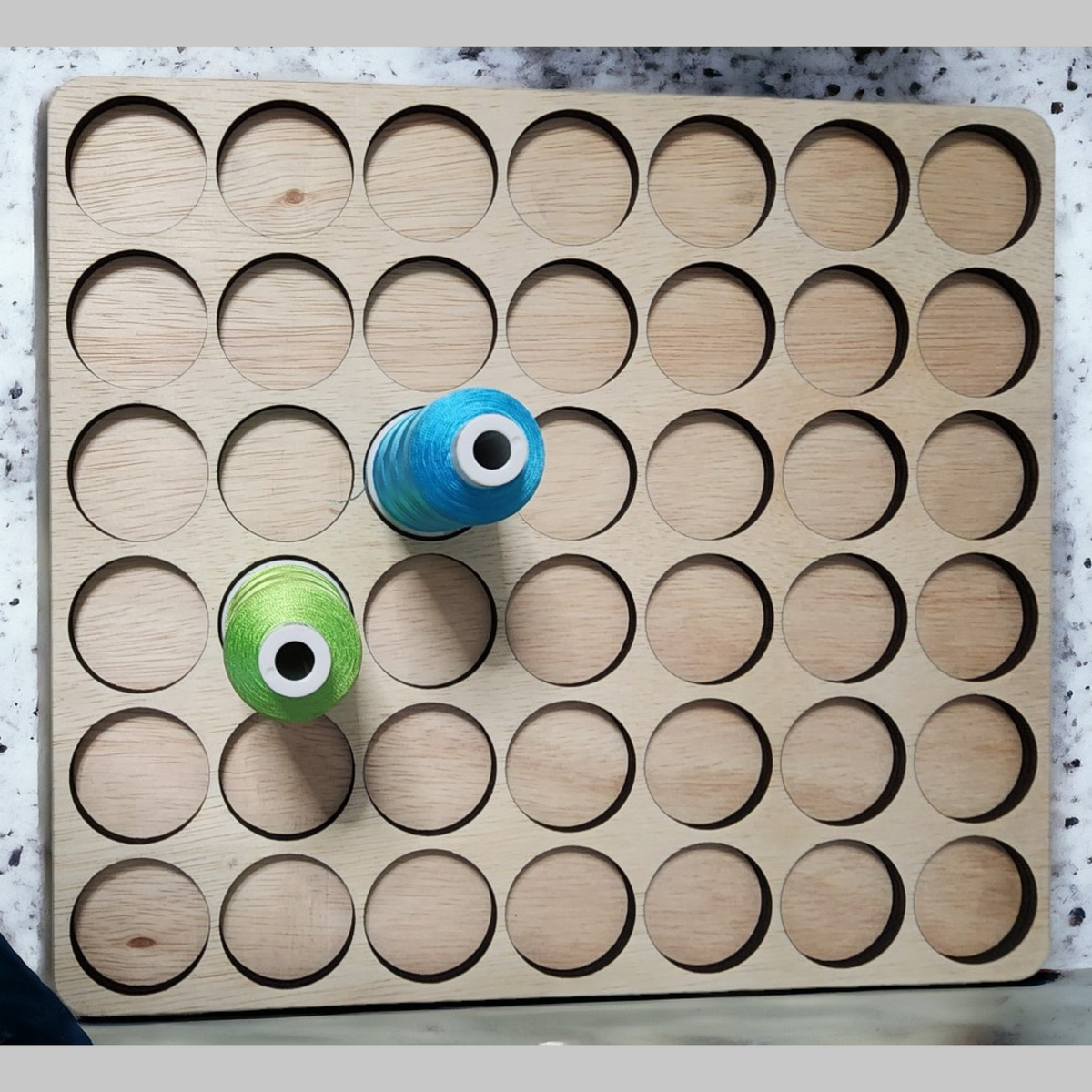 IKEA ALEX 5-Drawer Thread Storage Tray Inserts — overhead view of Aurifil-size tray inserts in a drawer