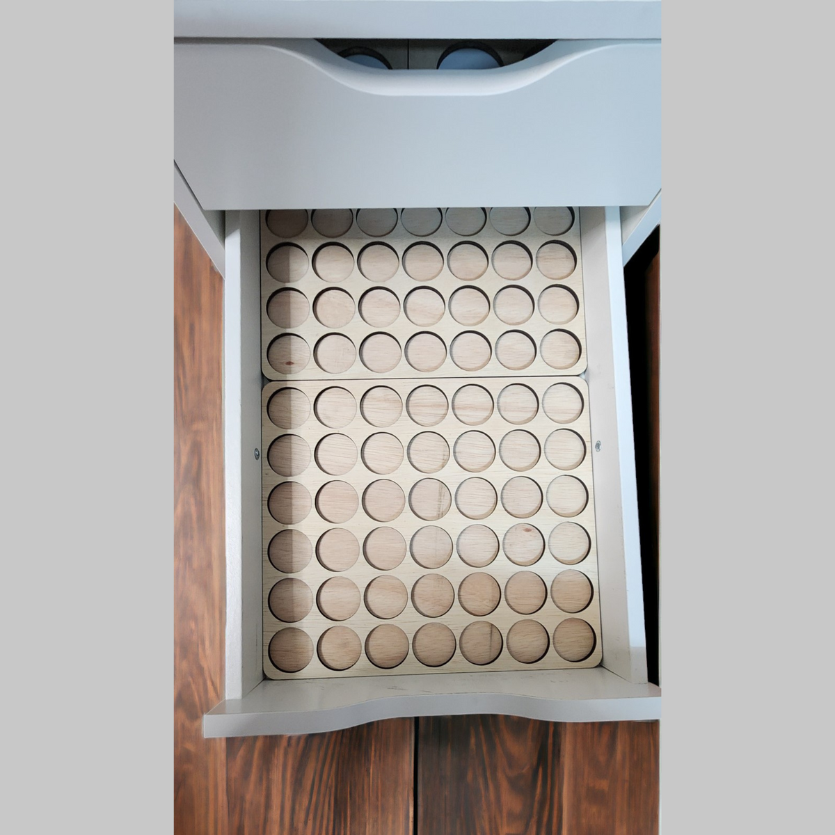 IKEA ALEX 5-Drawer Thread Storage Tray Inserts — tray inserts with two sample spools in an open drawer