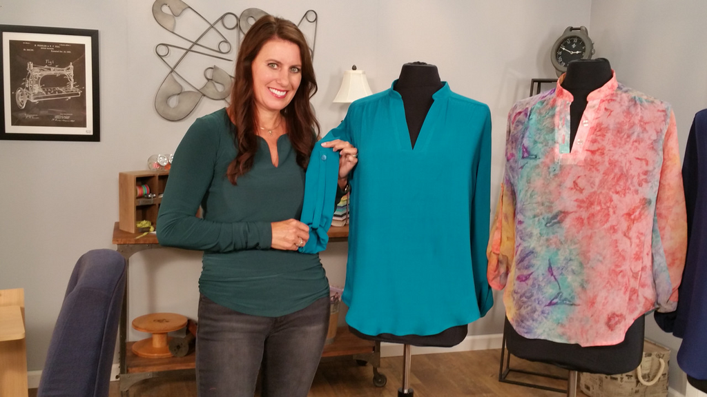Angela Wolf with three finished Linda Tunic examples