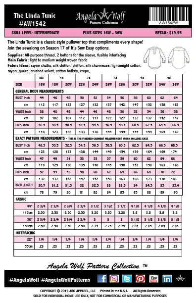 The Linda Tunic AW1542 size chart for plus sizes 16W through 36W