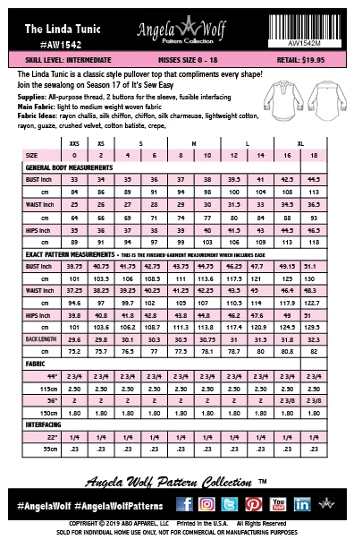 The Linda Tunic AW1542 size chart for misses sizes 0 through 18