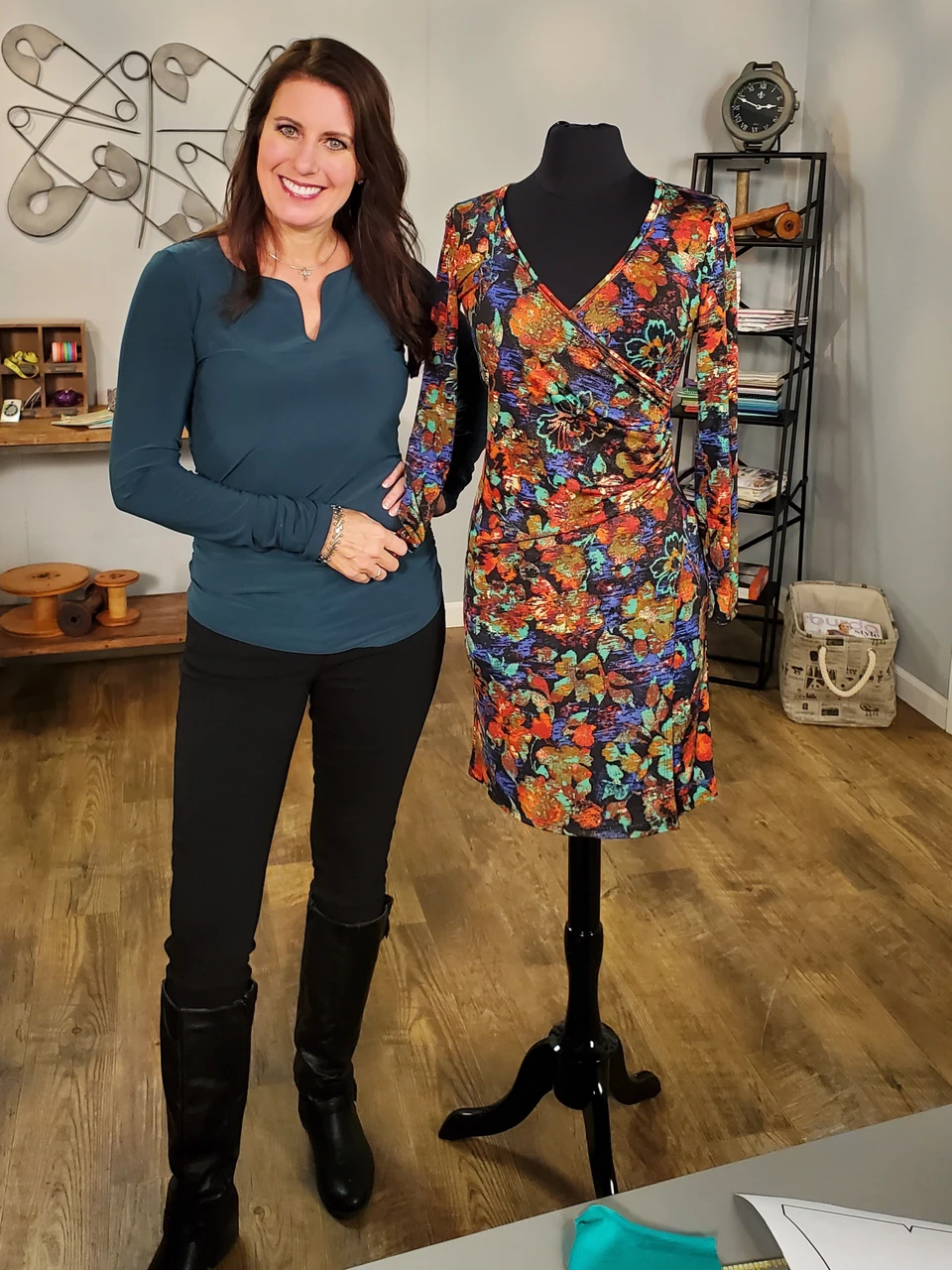 Angela Wolf beside a floral Shirley Wrap Dress