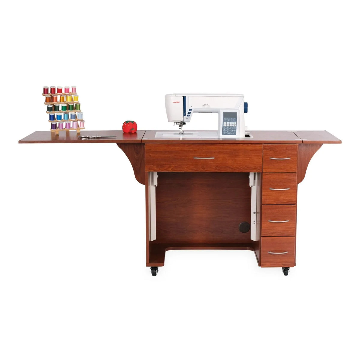 Arrow Alice Sewing Cabinet in Teak fully extended with sewing machine and fold-out work leaves