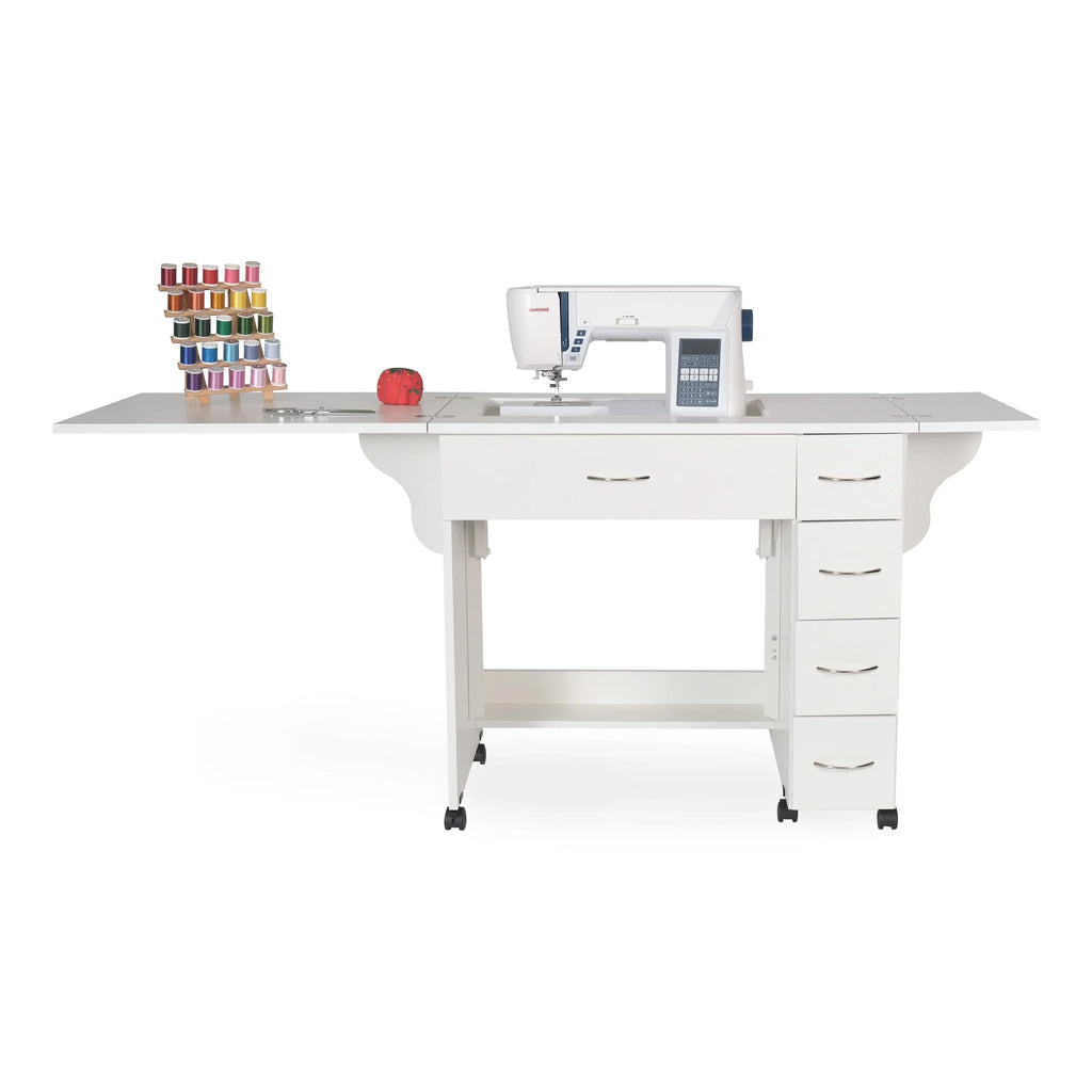 Arrow Alice 211 Sewing Cabinet in White fully extended with sewing machine, fold-out work surface, and storage drawers