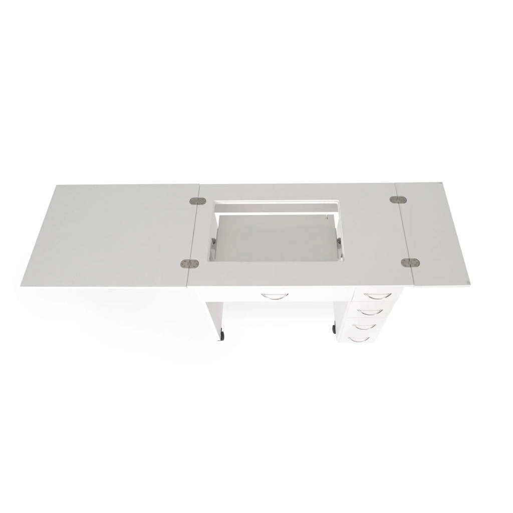 Top view of Arrow Alice 211 White Sewing Cabinet showcasing extended workspace and sewing machine lift opening