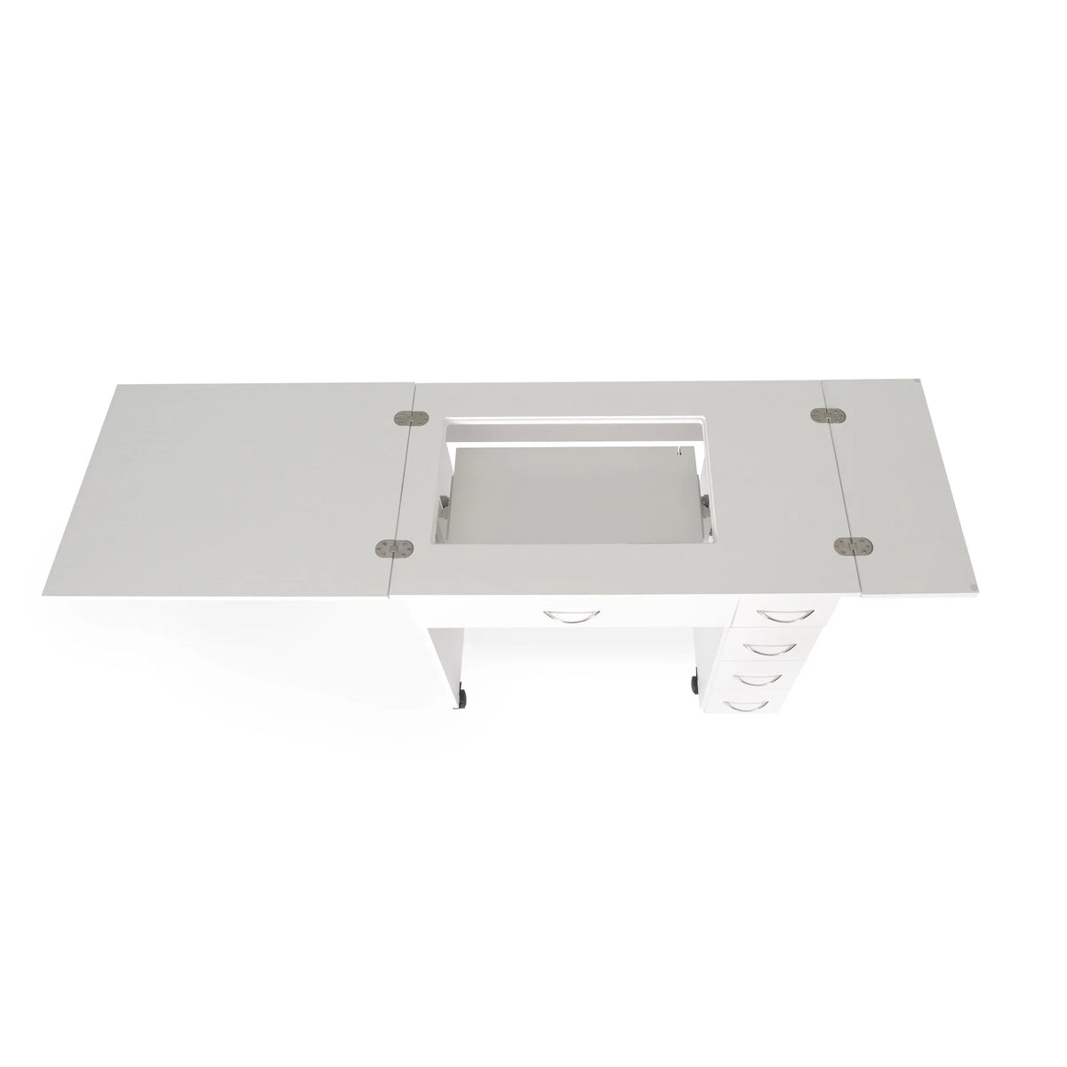 Top view of Arrow Alice 211 White Sewing Cabinet showcasing extended workspace and sewing machine lift opening