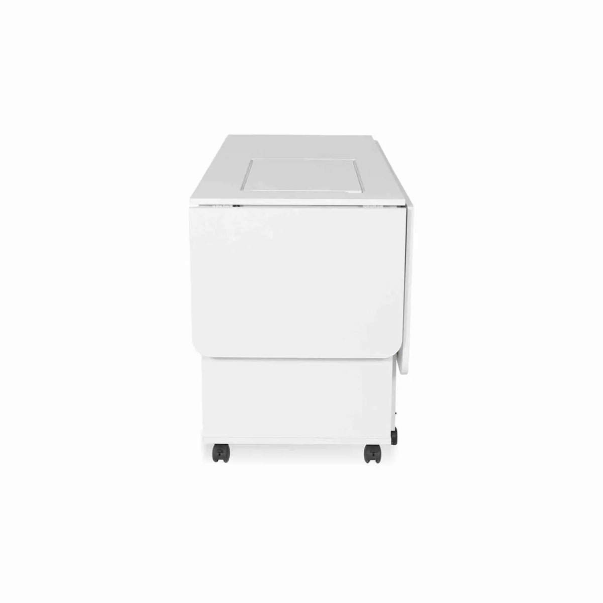 Side view of Arrow Christa Sewing Cabinet in White 1401 folded for storage with durable construction and caster wheels.