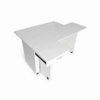Top angle view of Arrow Christa Sewing Cabinet in White with extended work surface and spacious sewing machine lift area.