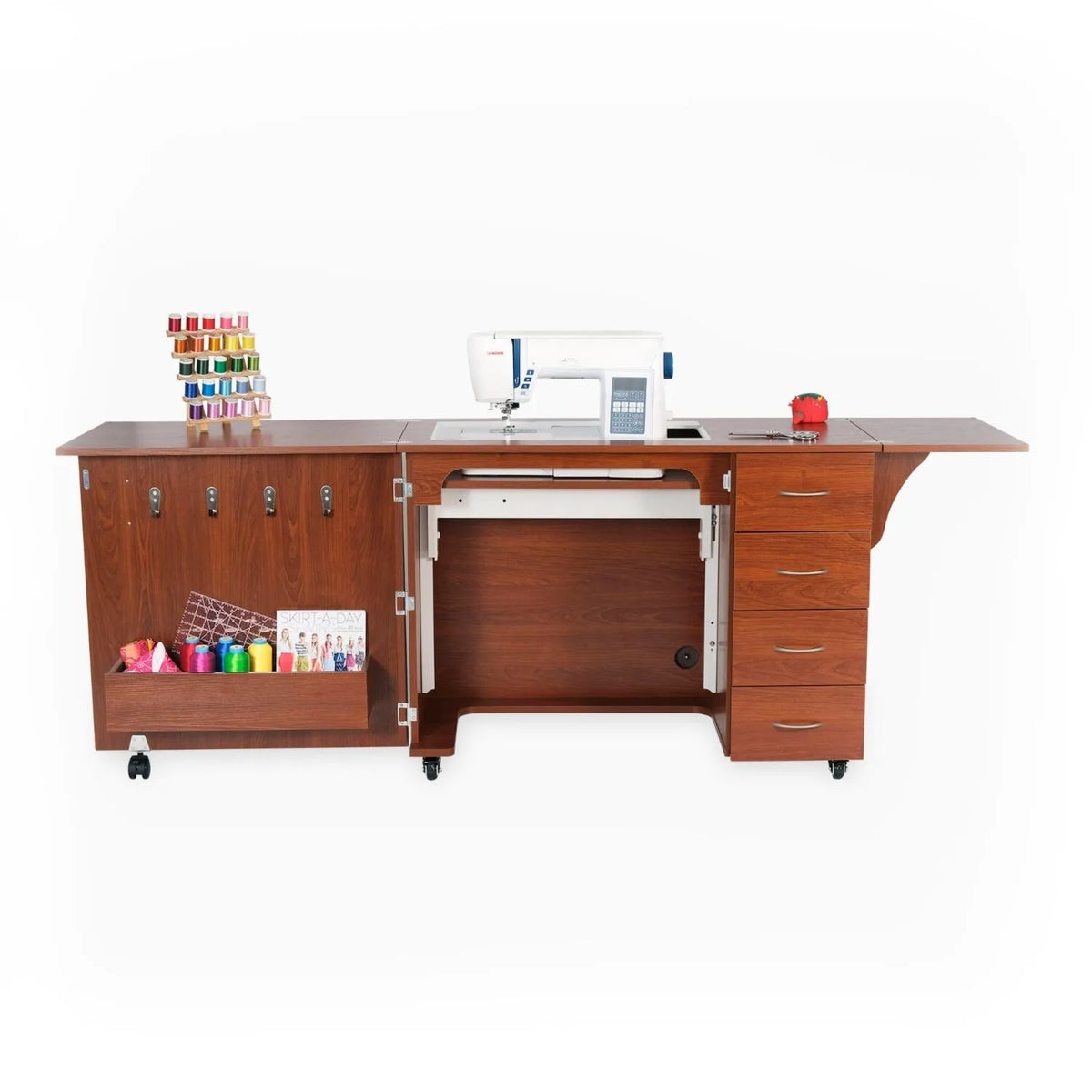 Arrow Harriet Sewing Cabinet in Teak fully opened with sewing machine and expanded workspace