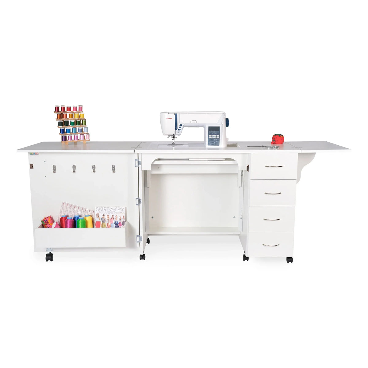 Arrow Harriet 311 White Sewing Cabinet fully opened with sewing machine, thread racks, embroidery hoop hooks, and extended workspace.