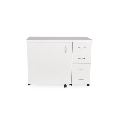 Arrow Harriet 311 White Sewing Cabinet shown closed with smooth white finish and four storage drawers on locking casters.