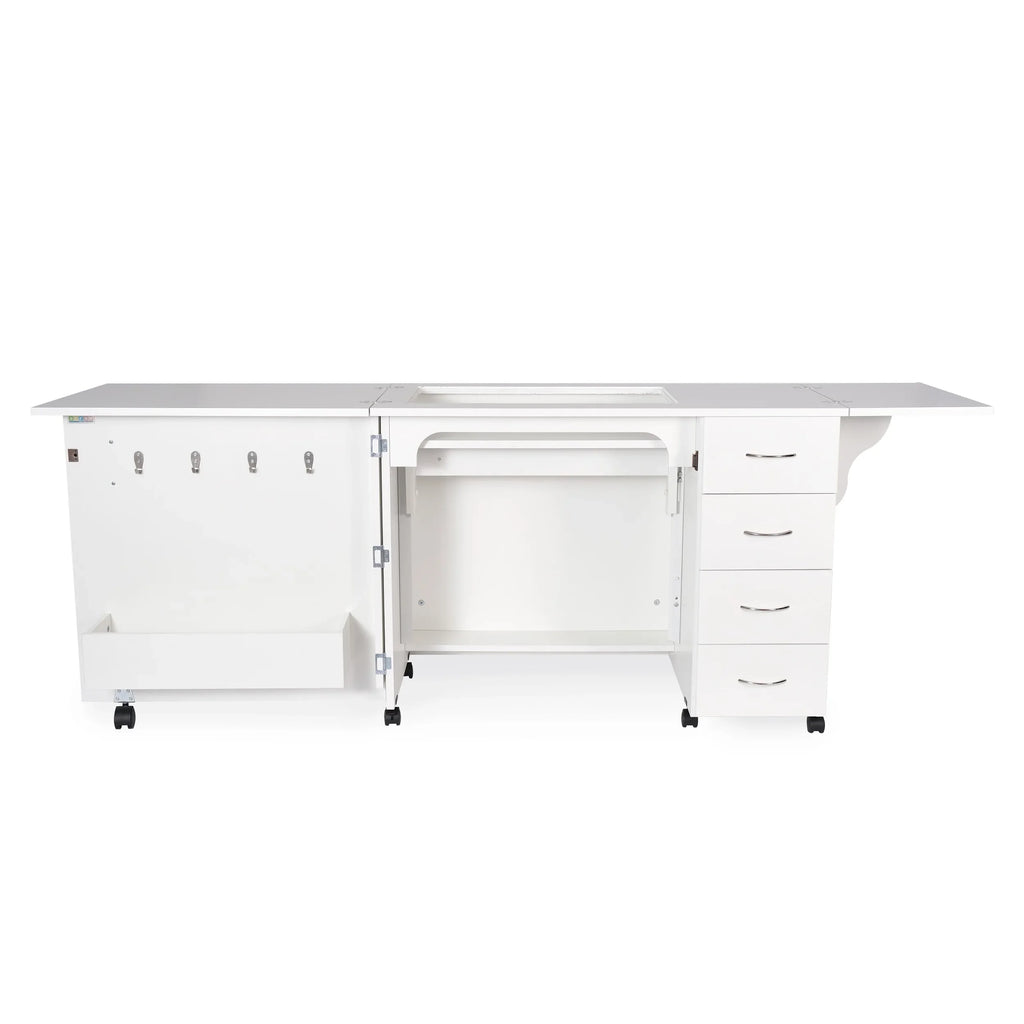 Arrow Harriet 311 White Sewing Cabinet open view showing sewing machine lift area, hoop hooks, and large lower storage bin.