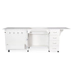 Arrow Harriet 311 White Sewing Cabinet open view showing sewing machine lift area, hoop hooks, and large lower storage bin.