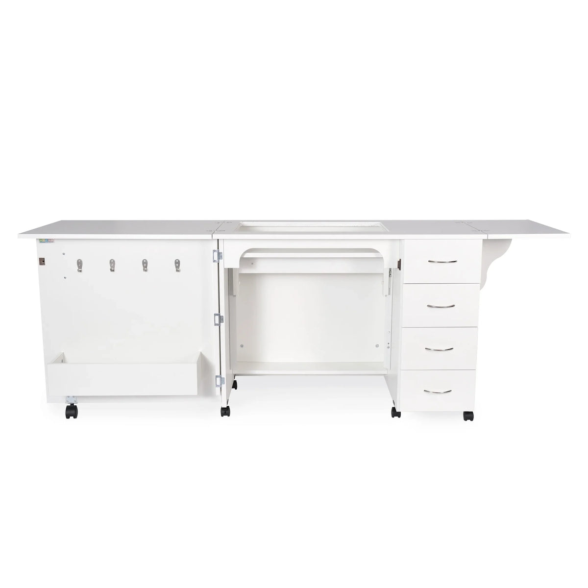 Arrow Harriet 311 White Sewing Cabinet open view showing sewing machine lift area, hoop hooks, and large lower storage bin.