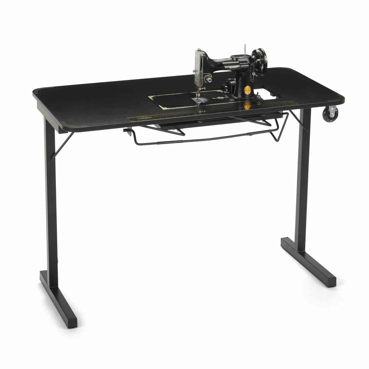 Arrow Heavyweight Sewing Table 611F with Singer Featherweight machine in flatbed position on sturdy steel base