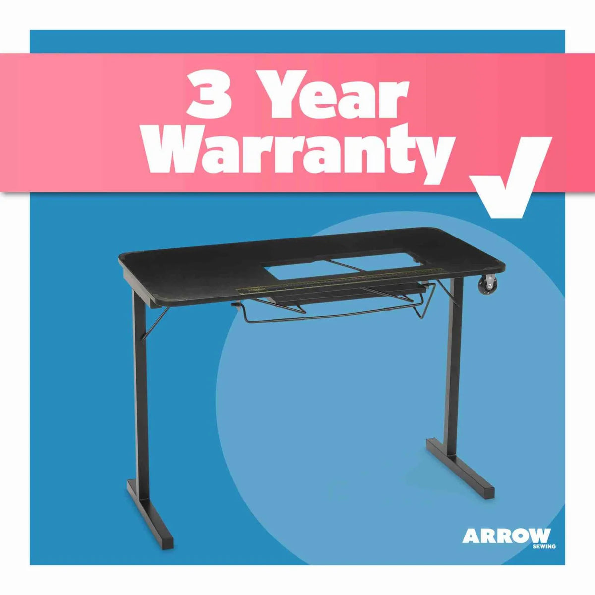 Arrow Heavyweight Sewing Table 611F with 3-year warranty badge and branding