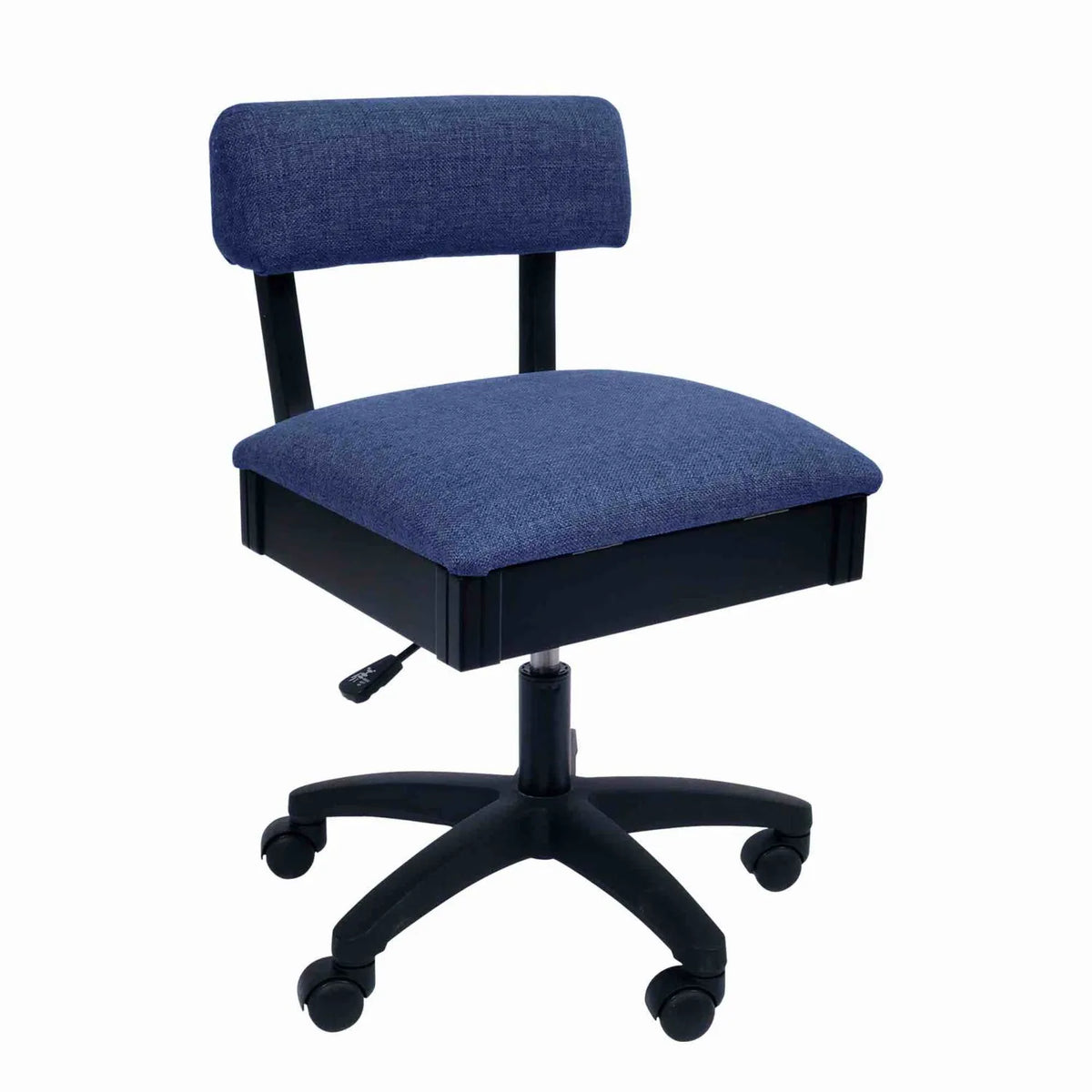 Arrow Duchess Blue Hydraulic Sewing Chair – front angle view with blue textured upholstery, ergonomic padded backrest, and height-adjustable swivel base.