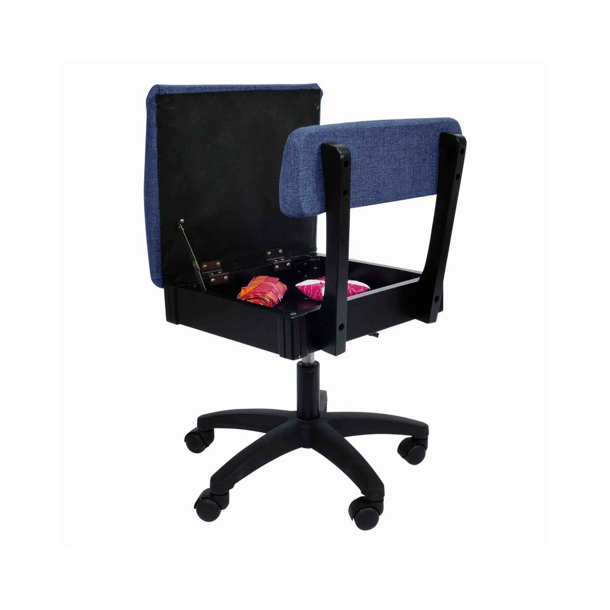 Arrow Duchess Blue Hydraulic Sewing Chair – open storage seat compartment with sewing notions inside, featuring modern blue textured fabric.