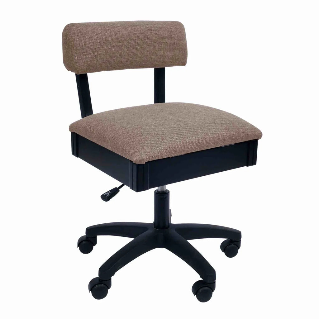 Arrow Princess Hazel Hydraulic Sewing Chair – front angle view with tan textured upholstery, ergonomic padded backrest, and height-adjustable swivel base.