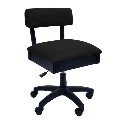 Arrow Baroness Black Hydraulic Sewing Chair – front angle view with black textured upholstery, ergonomic padded backrest, and height-adjustable swivel base.