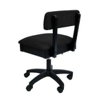 Arrow Baroness Black Hydraulic Sewing Chair – rear angle view showing black woven fabric upholstery, supportive backrest, and smooth-rolling caster wheels.