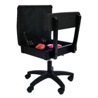 Arrow Baroness Black Hydraulic Sewing Chair – open seat storage compartment with sewing notions inside, paired with black textured upholstery.