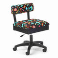 Arrow Black Notions Hydraulic Sewing Chair – front angle view with colorful sewing-themed upholstery, ergonomic padded backrest, and height-adjustable swivel base.