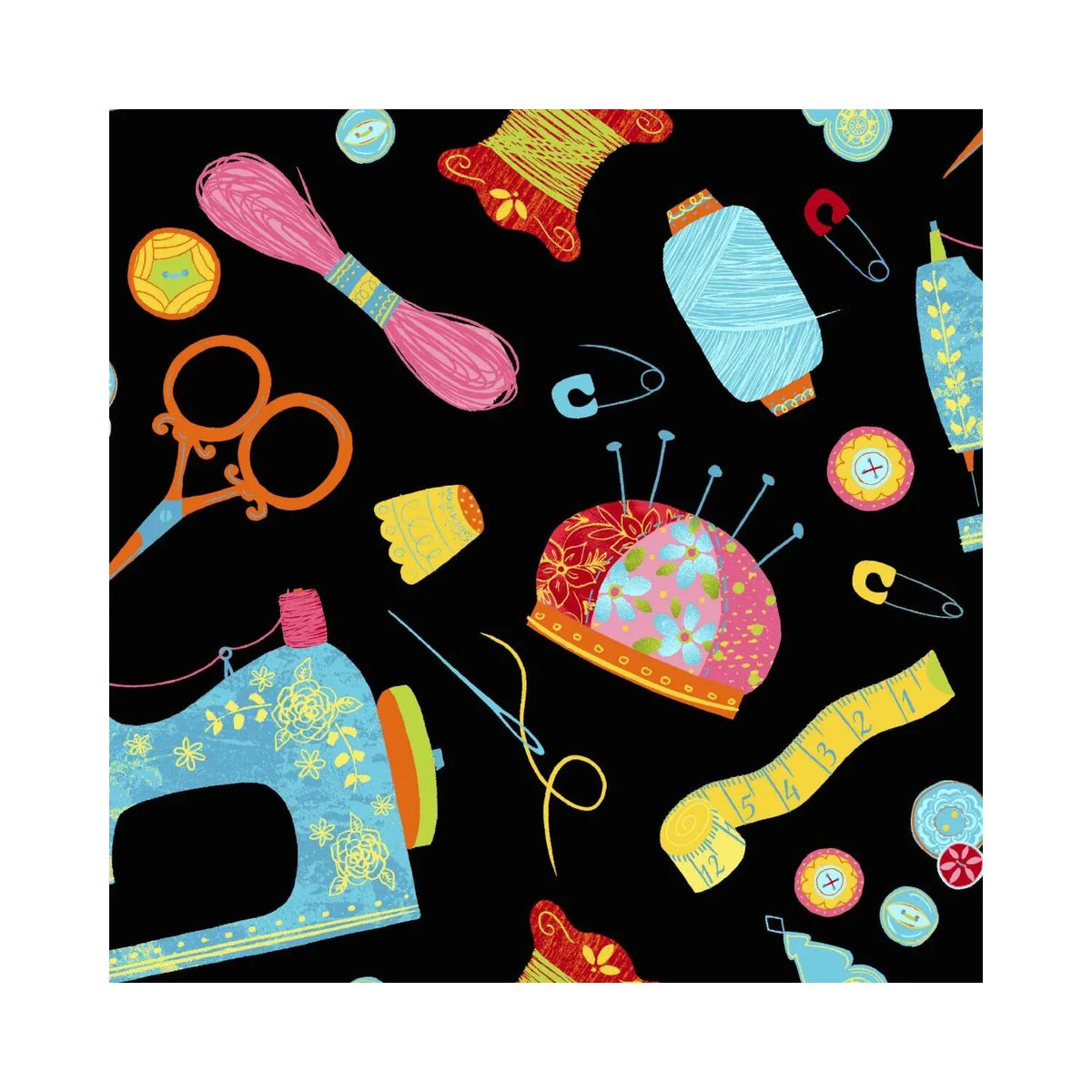 Black Notions sewing fabric close-up – colorful sewing notions pattern with scissors, thread spools, pincushions, needles, and buttons on black background.