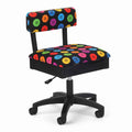 Arrow Bright Buttons Hydraulic Sewing Chair – front angle view with colorful button-pattern upholstery, ergonomic padded backrest, and height-adjustable swivel base.