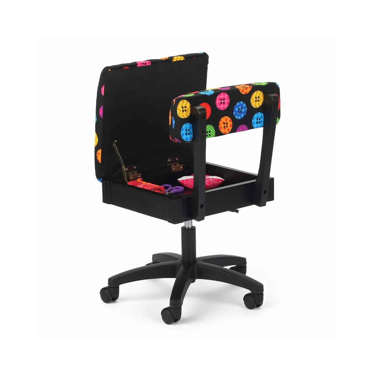 Arrow Bright Buttons Hydraulic Sewing Chair – open storage seat compartment with sewing tools inside, featuring vibrant button-pattern upholstery.
