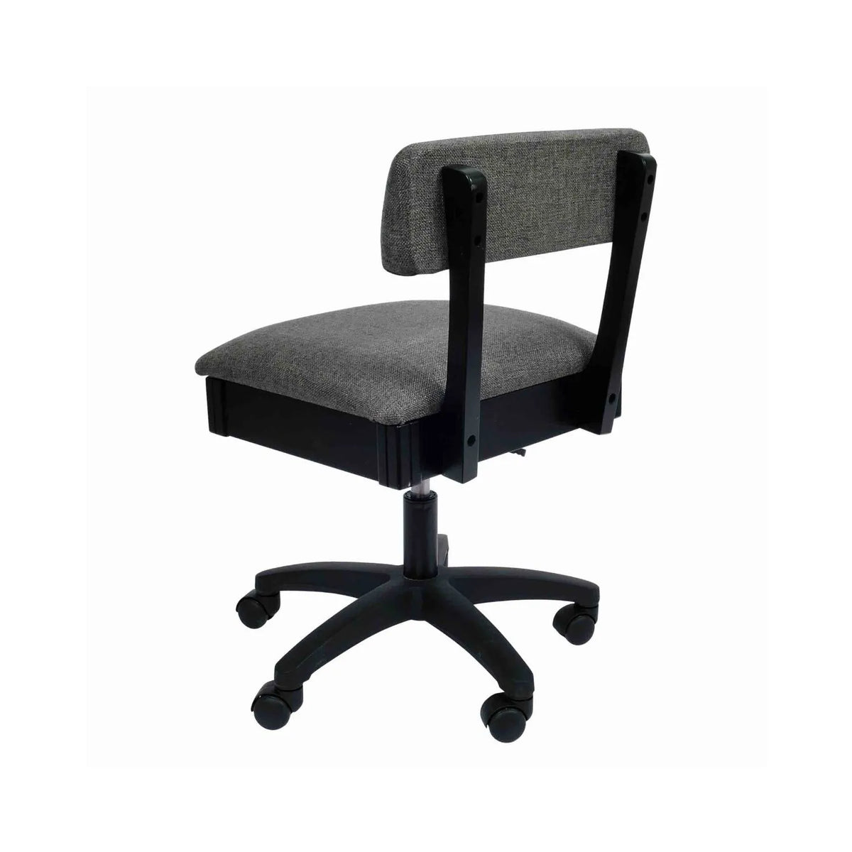 Arrow Lady Gray Hydraulic Sewing Chair – rear angle view showing textured gray fabric upholstery, supportive backrest, and smooth-rolling caster wheels.