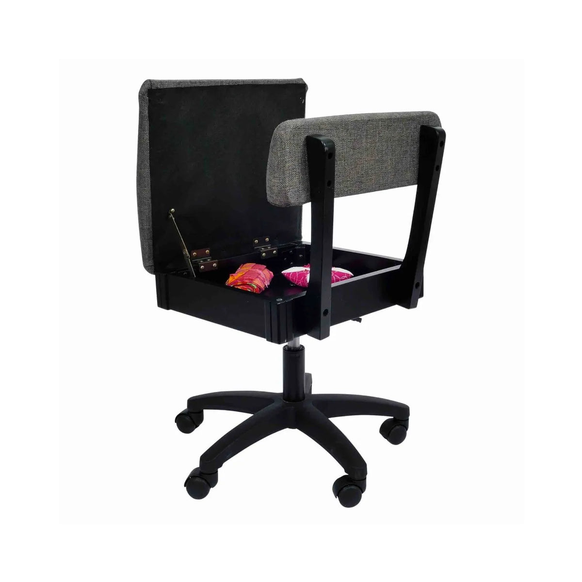 Arrow Lady Gray Hydraulic Sewing Chair – open seat storage compartment with sewing notions inside, featuring modern gray upholstery and durable frame.