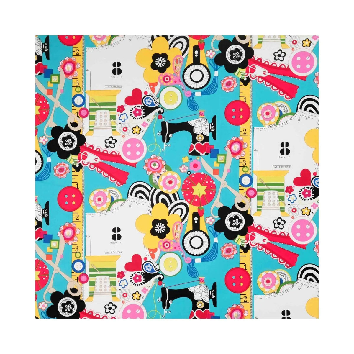 Arrow Sew Wow Sewing Chair fabric close-up – bright blue upholstery with colorful buttons, flowers, measuring tape, sewing machines, and craft motifs.