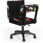 Arrow Dog’s Meow Hydraulic Sewing Chair Black – open storage seat display with crafting tools inside and multicolor dog-pattern cushioning.