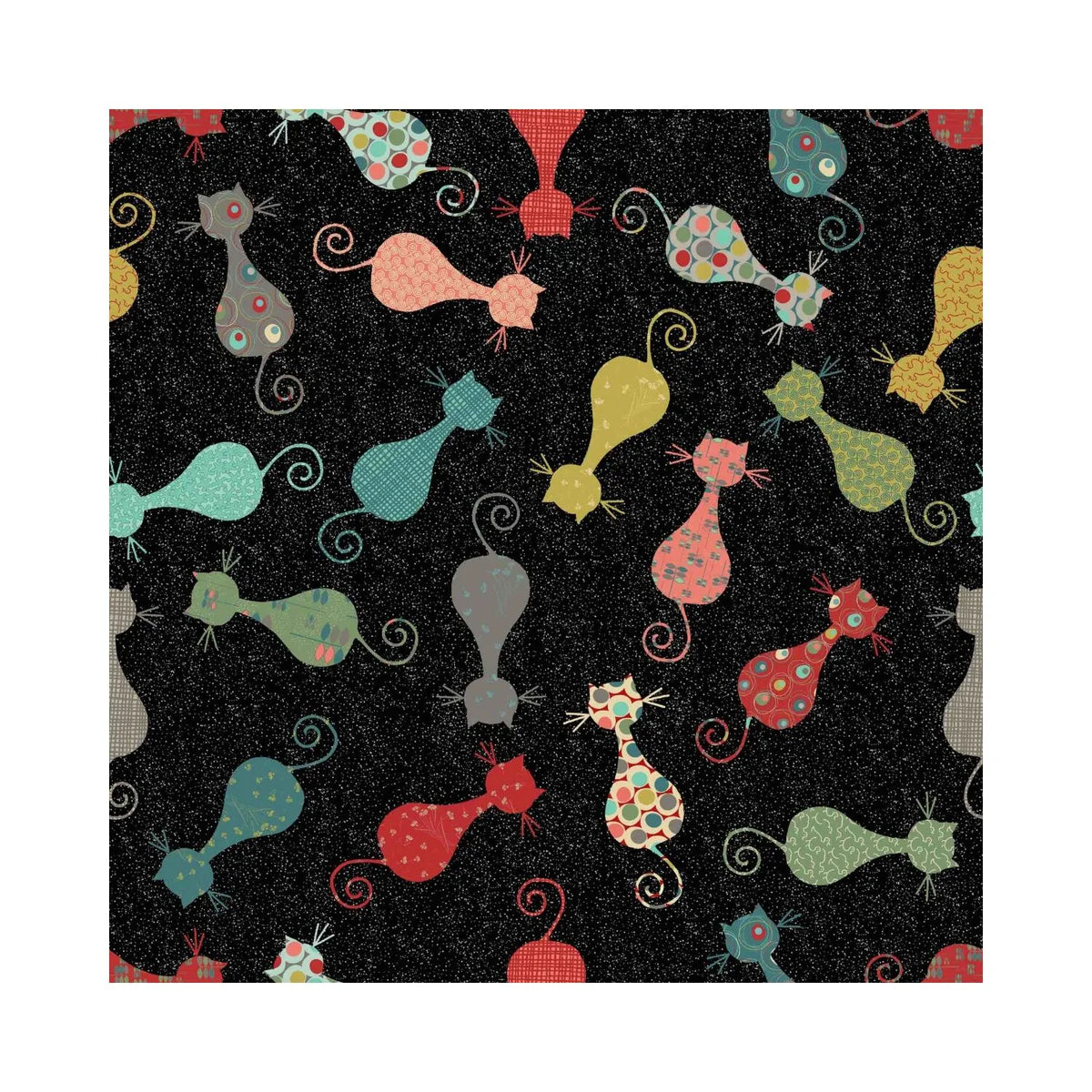Arrow Cat’s Meow Sewing Chair Black – close-up of multicolor whimsical cat-pattern fabric design on black background.