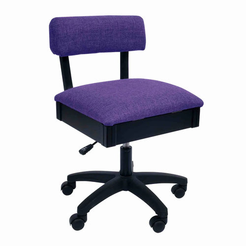 Arrow Royal Purple Hydraulic Sewing Chair – front angle view with rich purple upholstery, ergonomic padded backrest, and height-adjustable swivel base.