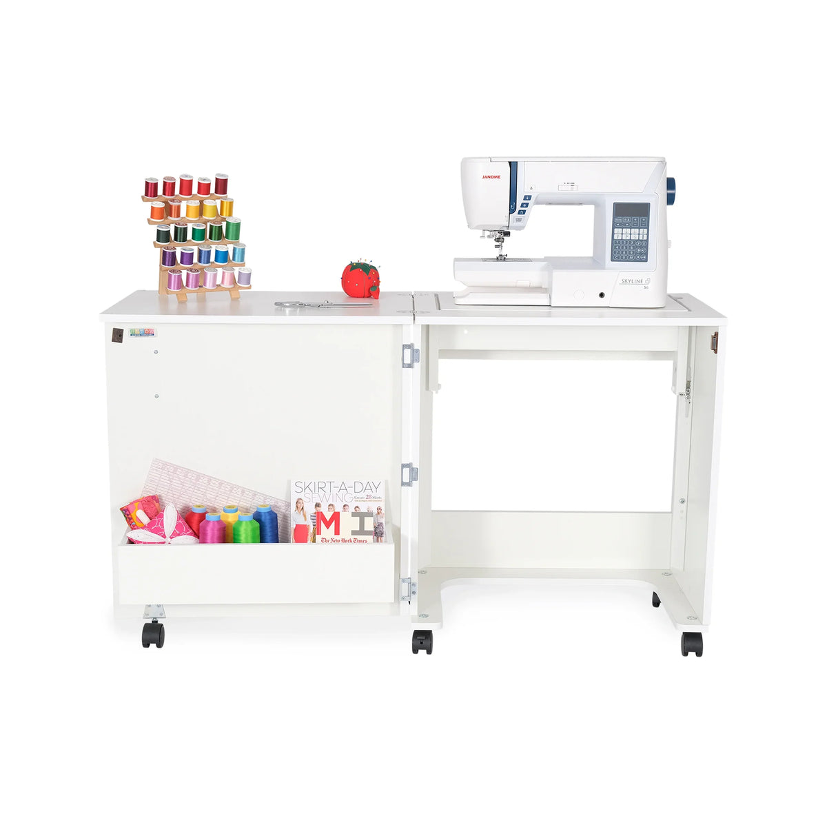 Arrow Judy Sewing Cabinet 101 in White featuring spacious sewing surface and machine platform ready for quilting or crafting.