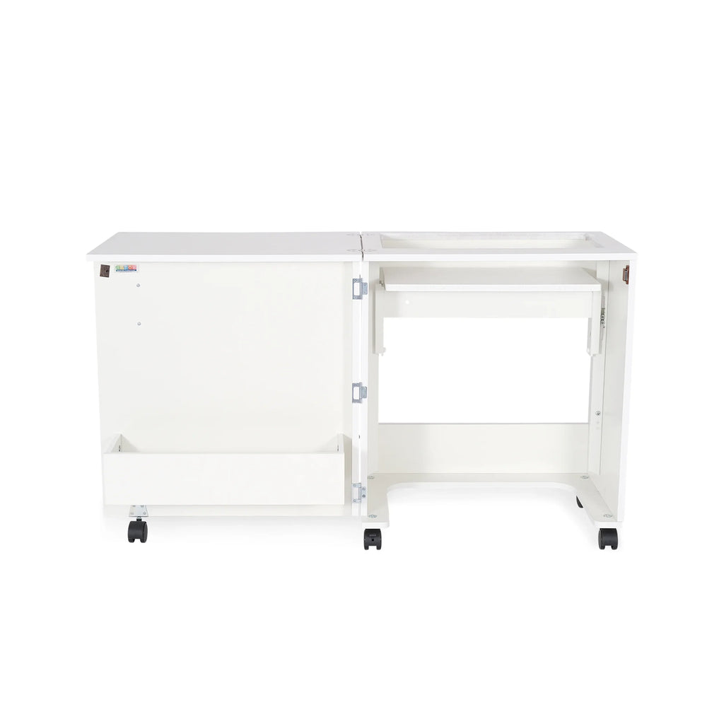 Open Arrow Judy Sewing Cabinet 101 in White displaying empty hydraulic lift platform and wide work area for sewing machines.