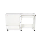 Open Arrow Judy Sewing Cabinet 101 in White displaying empty hydraulic lift platform and wide work area for sewing machines.